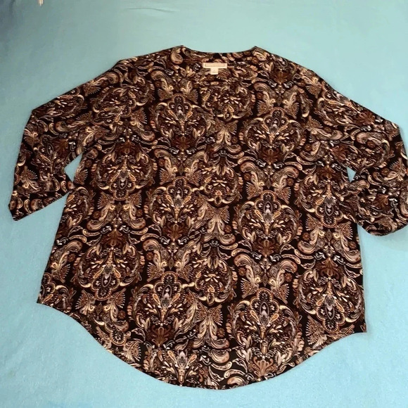 DANA BUCHMAN Paisley print hi low button cuff sleeves v-neck blouse NEW size L - Picture 1 of 11